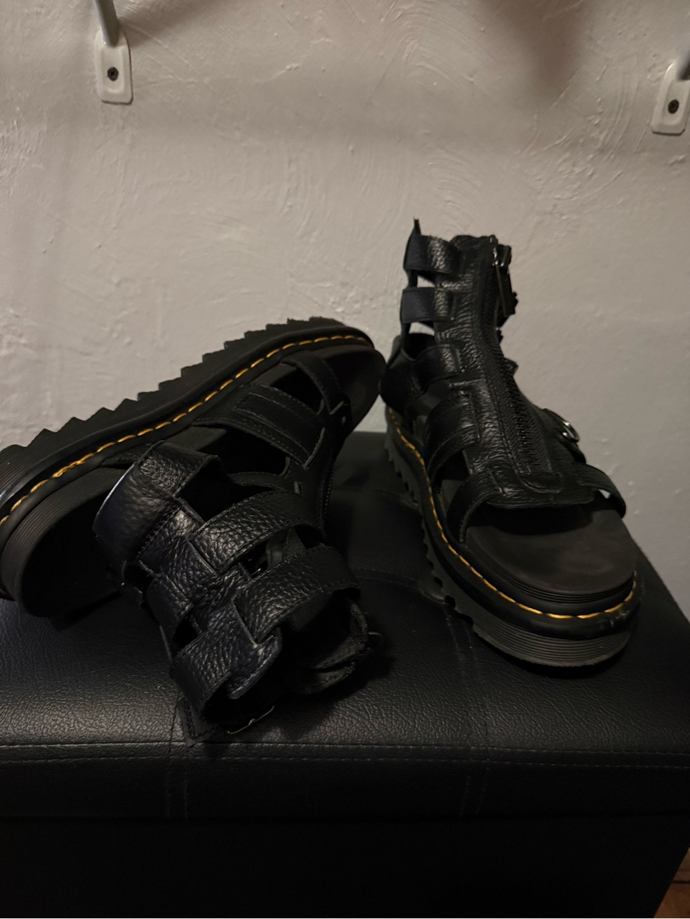 Black Leather Gladiator Platform Sandals - Women's